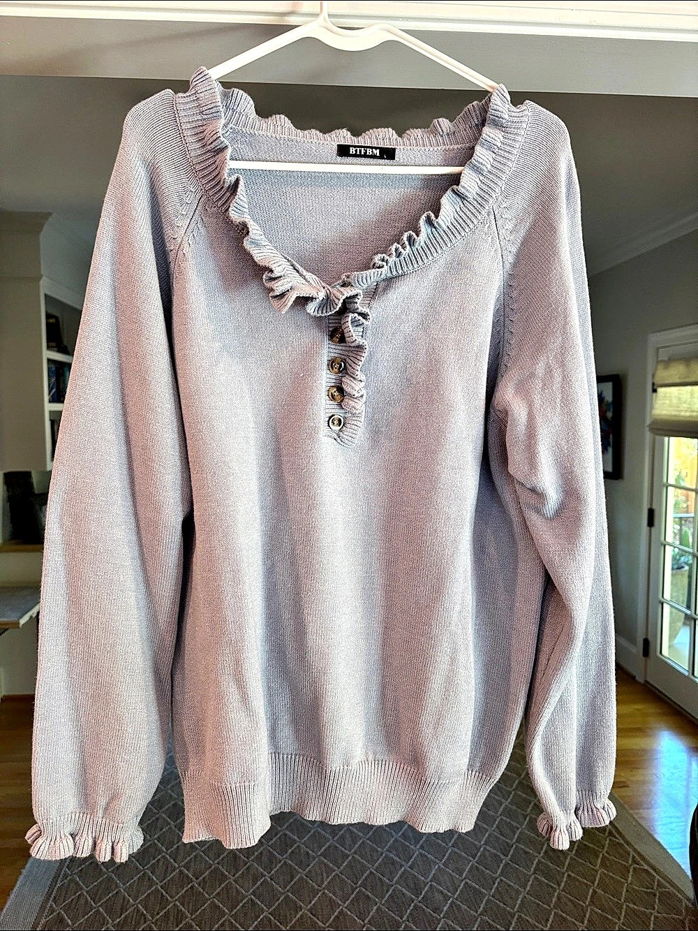 BTFBM Women's Long Sleeve Button Down Ruffle Knit Sweater Light Purple